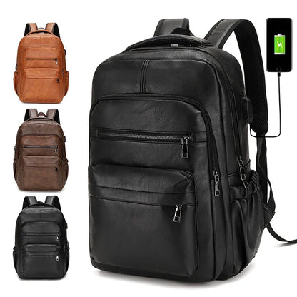 New Vintage Men USB Charging Large Laptop Bag PU Leather Man Travel Backpack Casual Teenagers School Bags For Boys