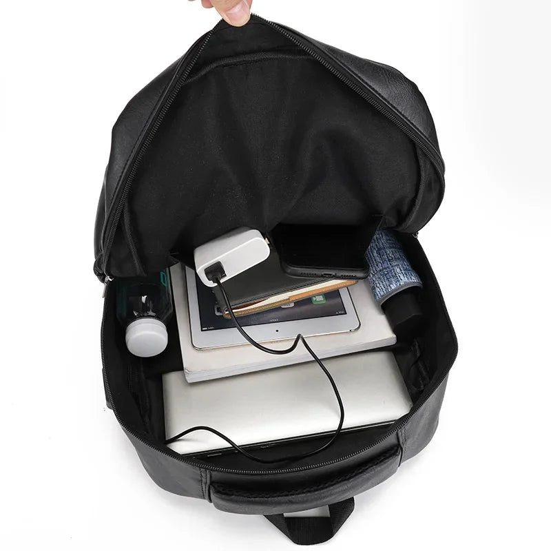 New Vintage Men USB Charging Large Laptop Bag PU Leather Man Travel Backpack Casual Teenagers School Bags For Boys