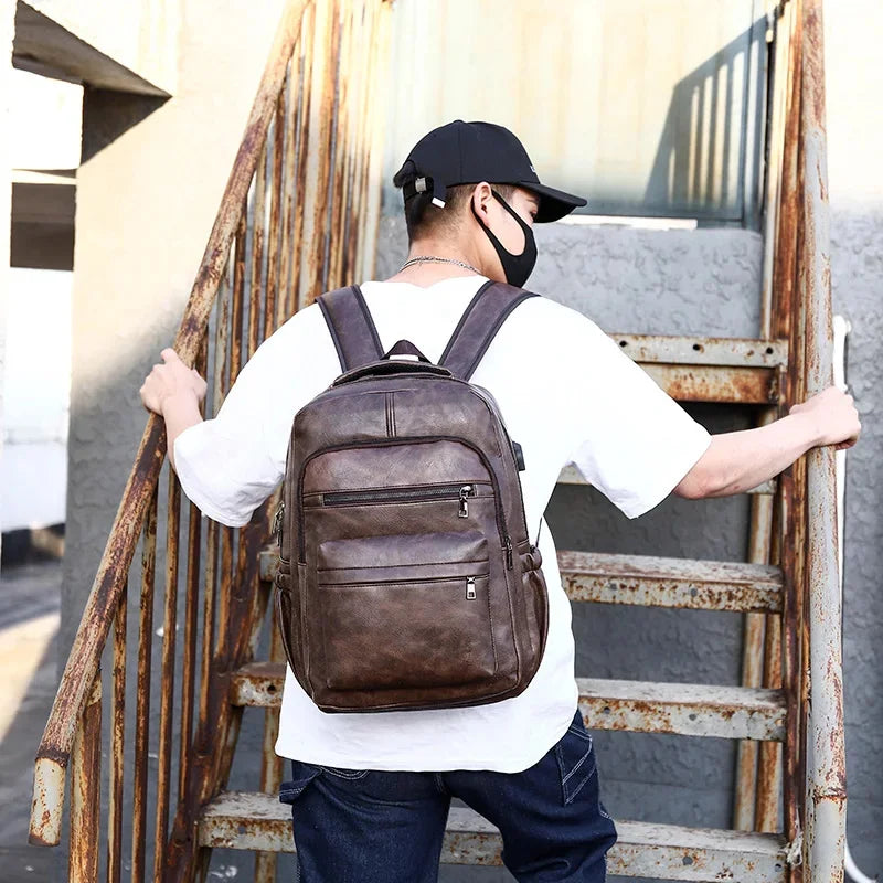 New Vintage Men USB Charging Large Laptop Bag PU Leather Man Travel Backpack Casual Teenagers School Bags For Boys