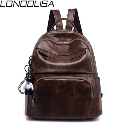 New Vintage Soft Leather Women Backpack Cute Bear Pendant School Bag For Teenage Girls Light & Large Capacity Ladies Travel Bags