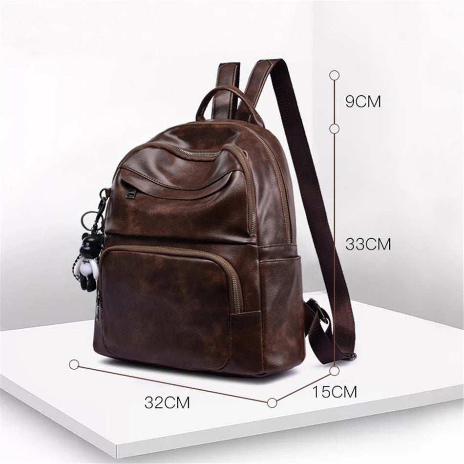 New Vintage Soft Leather Women Backpack Cute Bear Pendant School Bag For Teenage Girls Light & Large Capacity Ladies Travel Bags