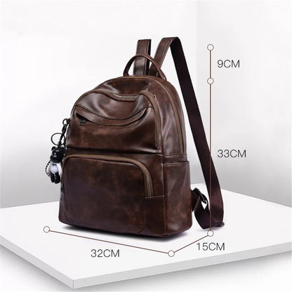 New Vintage Soft Leather Women Backpack Cute Bear Pendant School Bag For Teenage Girls Light & Large Capacity Ladies Travel Bags
