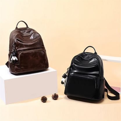 New Vintage Soft Leather Women Backpack Cute Bear Pendant School Bag For Teenage Girls Light & Large Capacity Ladies Travel Bags