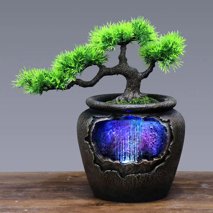 New Water Fountain Indoor Waterfall Led Light Home Decor Desktop Artifical Tree Flower with Vase Feng Shui Resin Ornaments Gifts