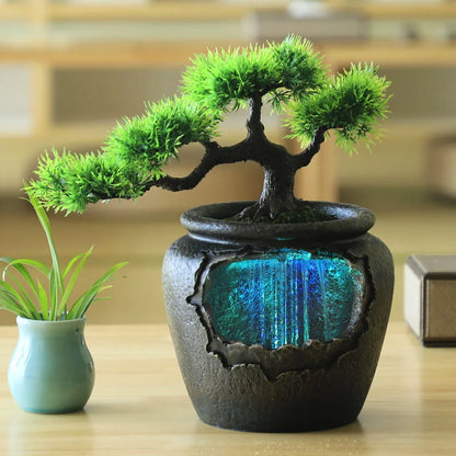 New Water Fountain Indoor Waterfall Led Light Home Decor Desktop Artifical Tree Flower with Vase Feng Shui Resin Ornaments Gifts