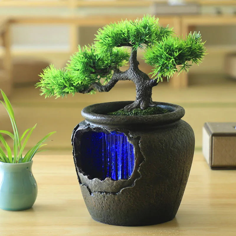 New Water Fountain Indoor Waterfall Led Light Home Decor Desktop Artifical Tree Flower with Vase Feng Shui Resin Ornaments Gifts