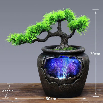 New Water Fountain Indoor Waterfall Led Light Home Decor Desktop Artifical Tree Flower with Vase Feng Shui Resin Ornaments Gifts