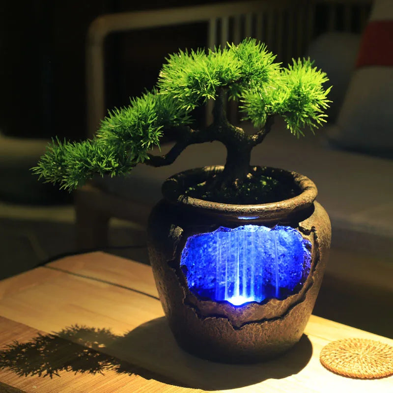 New Water Fountain Indoor Waterfall Led Light Home Decor Desktop Artifical Tree Flower with Vase Feng Shui Resin Ornaments Gifts