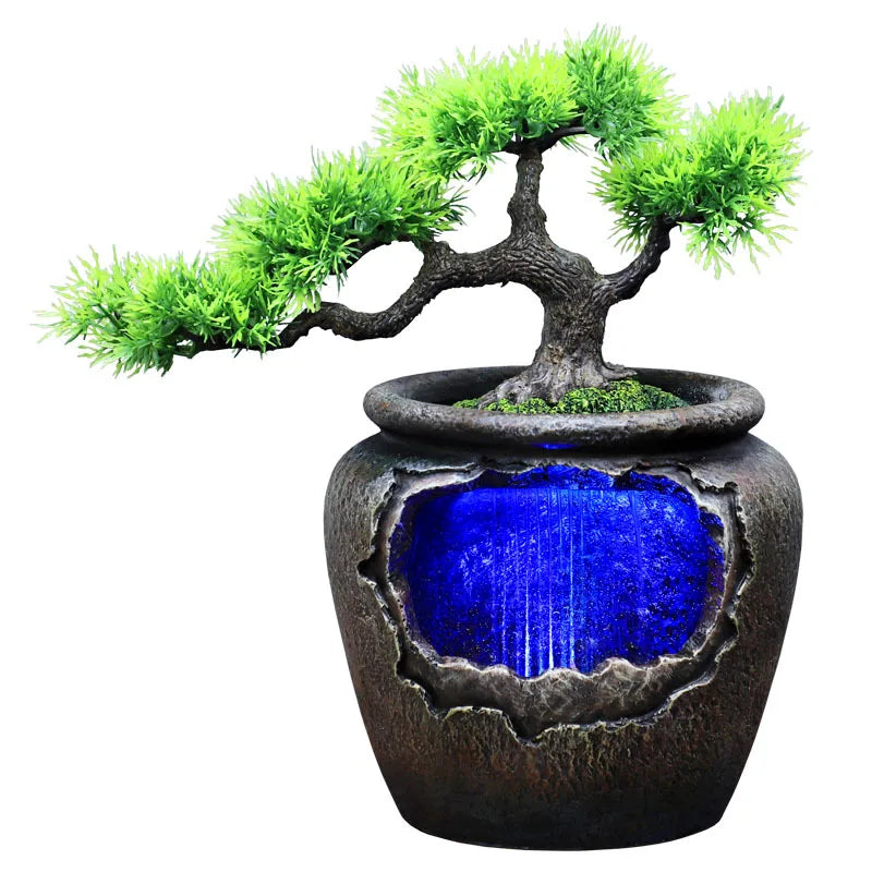 New Water Fountain Indoor Waterfall Led Light Home Decor Desktop Artifical Tree Flower with Vase Feng Shui Resin Ornaments Gifts