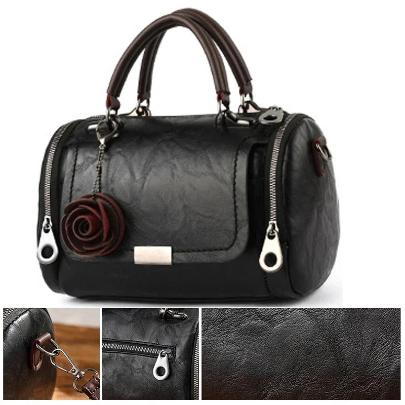 New Women Flowers Pendant PU Leather Single Shoulder Handbag Fashion Ladies Boston Totes Crossbody Messenger Bag for Female