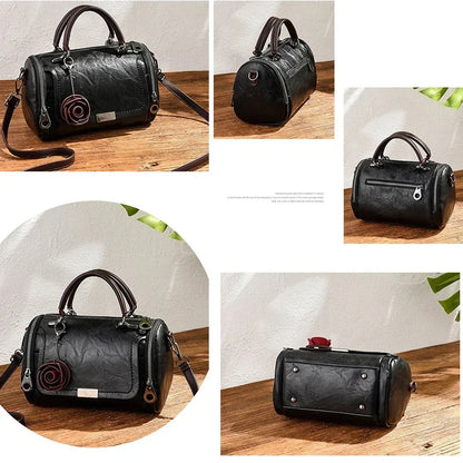 New Women Flowers Pendant PU Leather Single Shoulder Handbag Fashion Ladies Boston Totes Crossbody Messenger Bag for Female