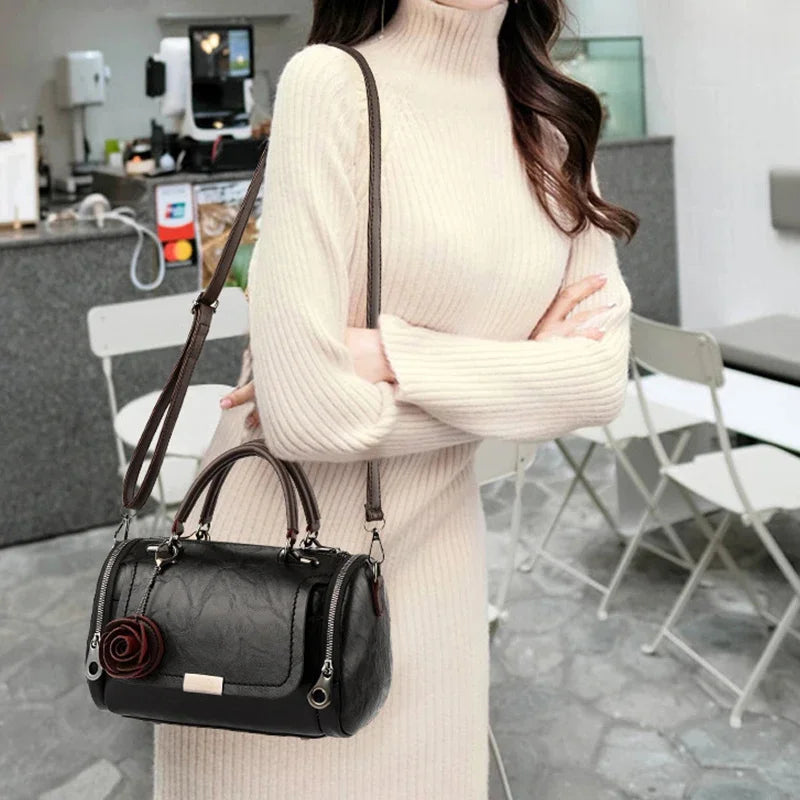 New Women Flowers Pendant PU Leather Single Shoulder Handbag Fashion Ladies Boston Totes Crossbody Messenger Bag for Female