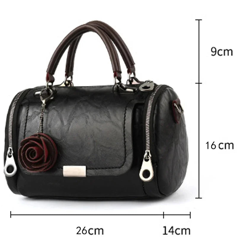 New Women Flowers Pendant PU Leather Single Shoulder Handbag Fashion Ladies Boston Totes Crossbody Messenger Bag for Female