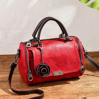 New Women Flowers Pendant PU Leather Single Shoulder Handbag Fashion Ladies Boston Totes Crossbody Messenger Bag for Female