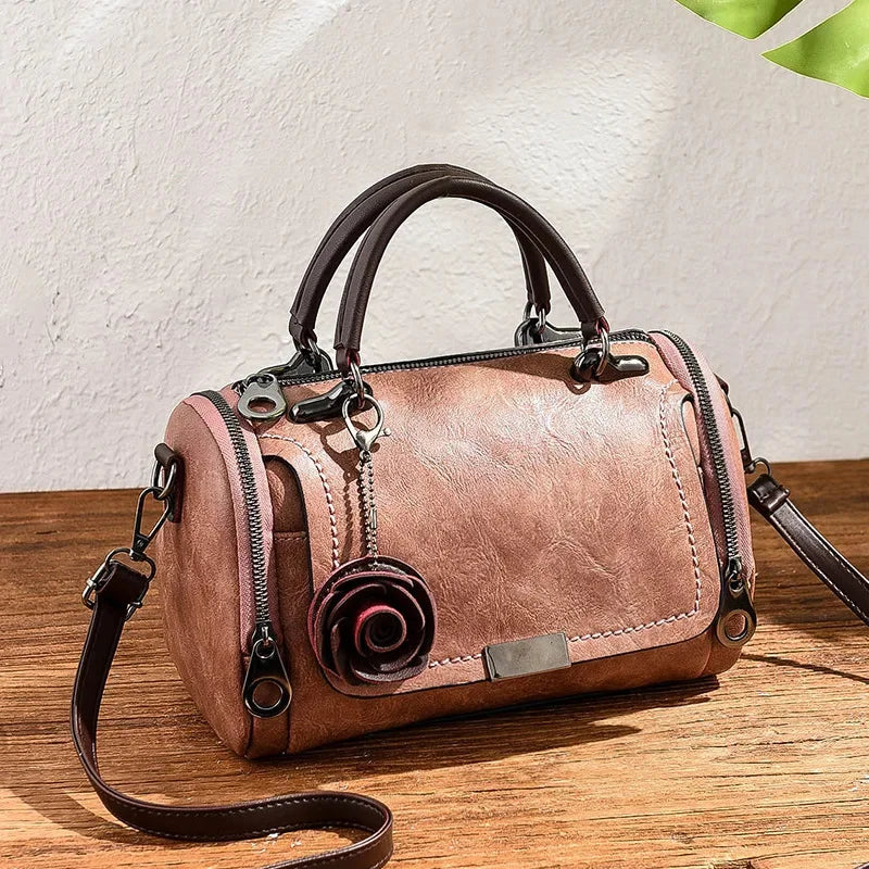 New Women Flowers Pendant PU Leather Single Shoulder Handbag Fashion Ladies Boston Totes Crossbody Messenger Bag for Female