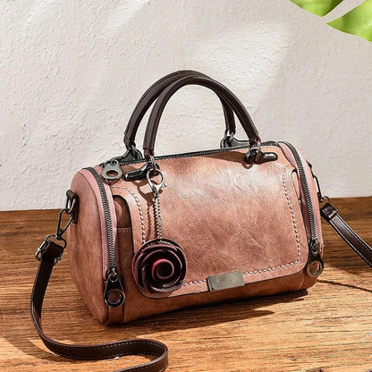 New Women Flowers Pendant PU Leather Single Shoulder Handbag Fashion Ladies Boston Totes Crossbody Messenger Bag for Female