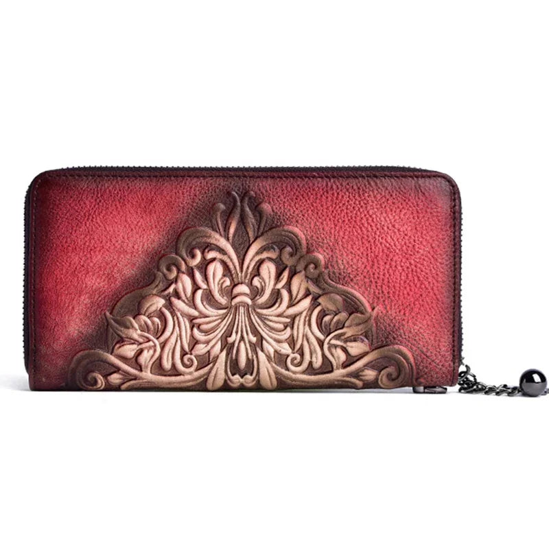 New Women Long Wallet Genuine Embossed Leather Retro Pattern Cowhide Handy Bag Multi-Cards Clutch Zipper Bags Female Wrist Purse