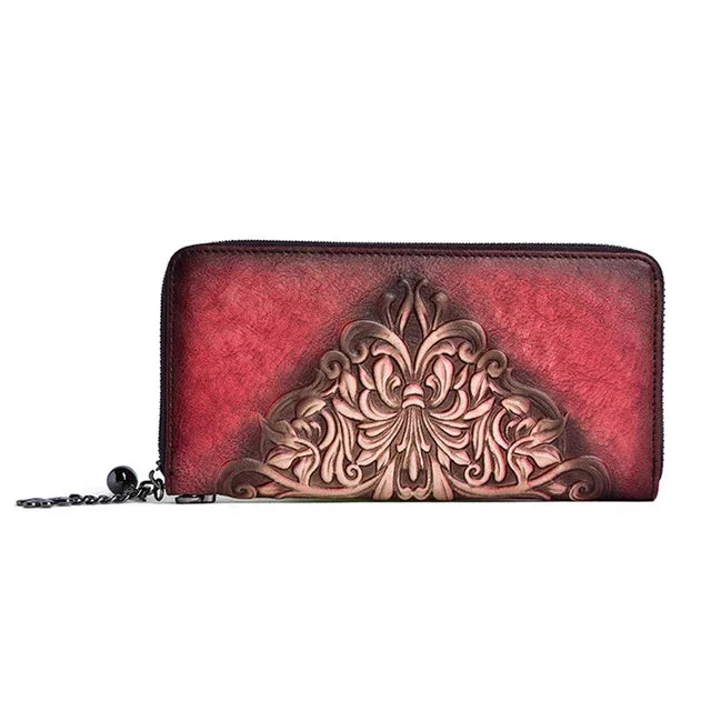 New Women Long Wallet Genuine Embossed Leather Retro Pattern Cowhide Handy Bag Multi-Cards Clutch Zipper Bags Female Wrist Purse