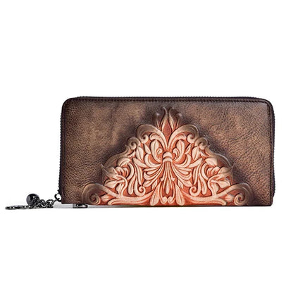 New Women Long Wallet Genuine Embossed Leather Retro Pattern Cowhide Handy Bag Multi-Cards Clutch Zipper Bags Female Wrist Purse