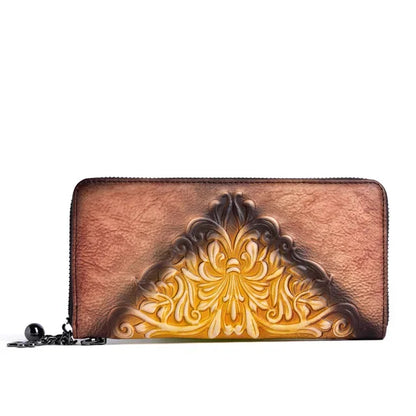 New Women Long Wallet Genuine Embossed Leather Retro Pattern Cowhide Handy Bag Multi-Cards Clutch Zipper Bags Female Wrist Purse