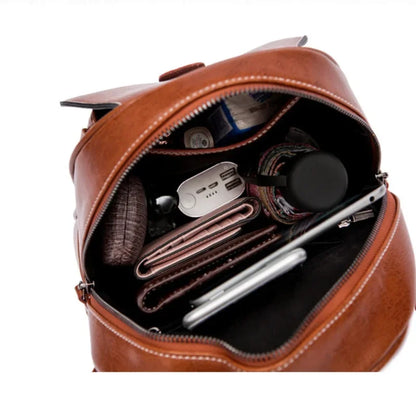 New Women's Retro Genuine Fashion Elegant Wax Cowhide Leather College Style Simple Ladies Backpack