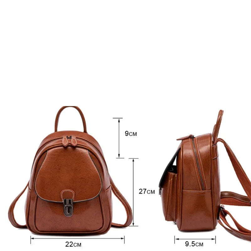 New Women's Retro Genuine Fashion Elegant Wax Cowhide Leather College Style Simple Ladies Backpack