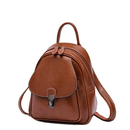 New Women's Retro Genuine Fashion Elegant Wax Cowhide Leather College Style Simple Ladies Backpack