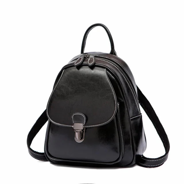 New Women's Retro Genuine Fashion Elegant Wax Cowhide Leather College Style Simple Ladies Backpack