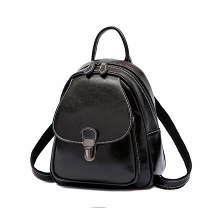 New Women's Retro Genuine Fashion Elegant Wax Cowhide Leather College Style Simple Ladies Backpack
