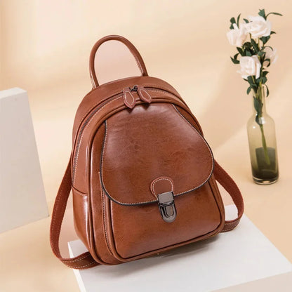 New Women's Retro Genuine Fashion Elegant Wax Cowhide Leather College Style Simple Ladies Backpack