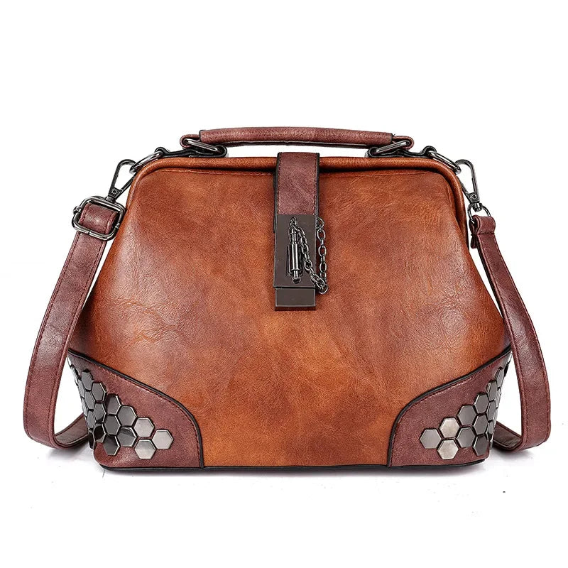 New Women's Retro PU Leather Shoulder Fashion Lock Rivet Crossbody Exquisite Ladies Handbag Female Messenger Bag