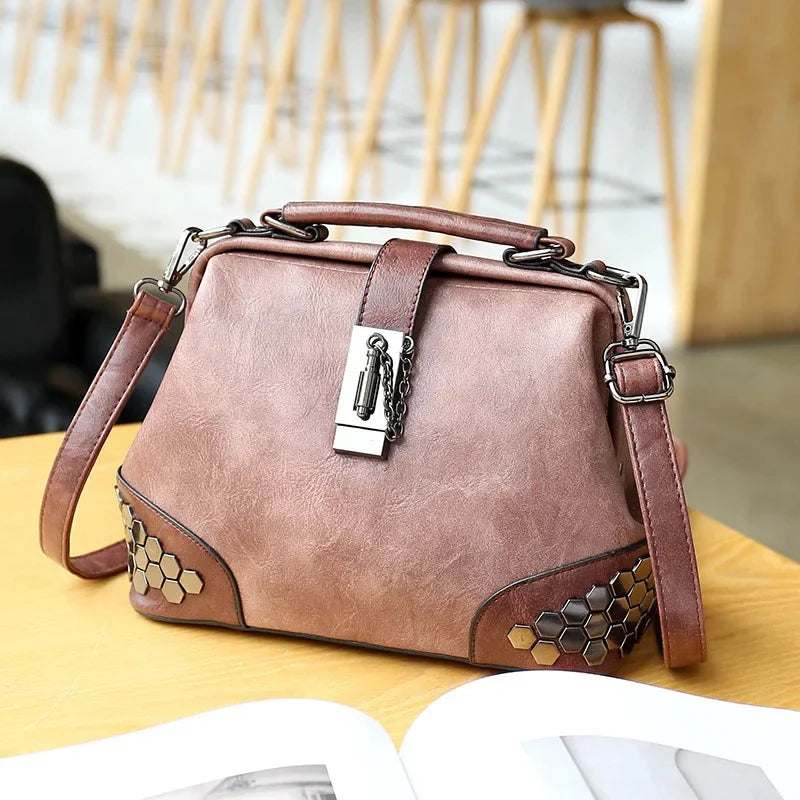 New Women's Retro PU Leather Shoulder Fashion Lock Rivet Crossbody Exquisite Ladies Handbag Female Messenger Bag