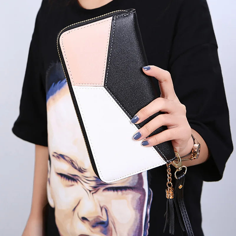 New Womens Long Wallets PU Leather Color Splicing Tassels Zipper Rabit Ornament Wallet for Lady Clutch Wallet Cards Holder Purse