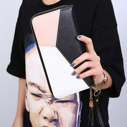 New Womens Long Wallets PU Leather Color Splicing Tassels Zipper Rabit Ornament Wallet for Lady Clutch Wallet Cards Holder Purse