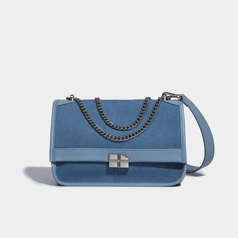 New denim chain tote bag for women's large capacity commuting single shoulder crossbody bag