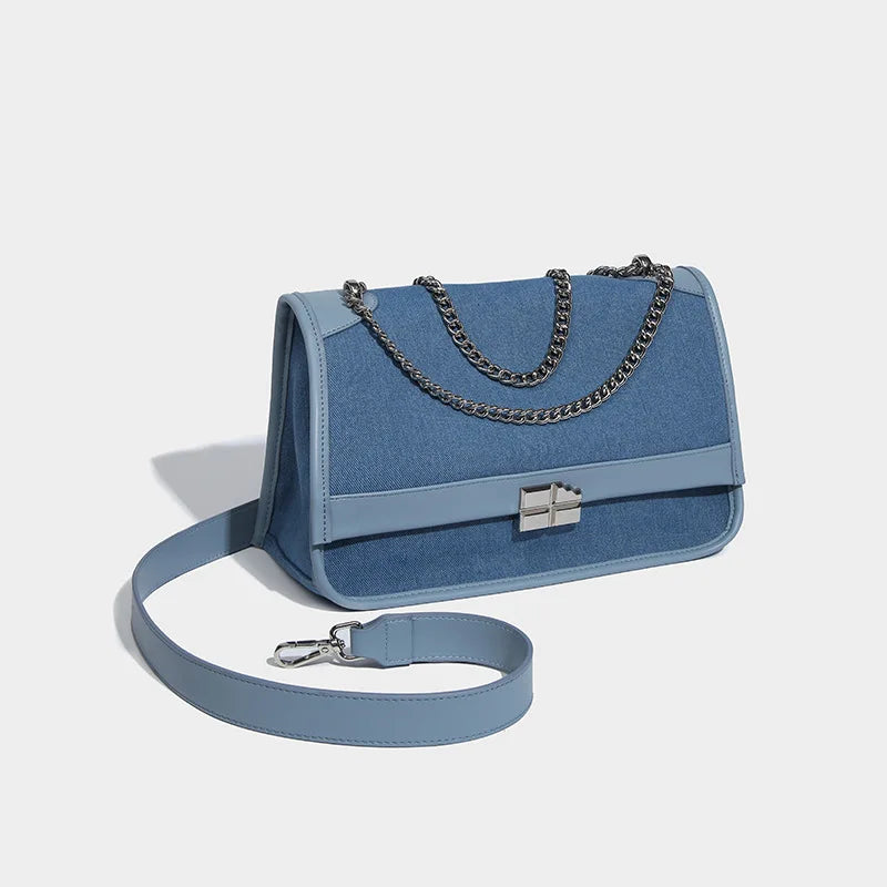 New denim chain tote bag for women's large capacity commuting single shoulder crossbody bag