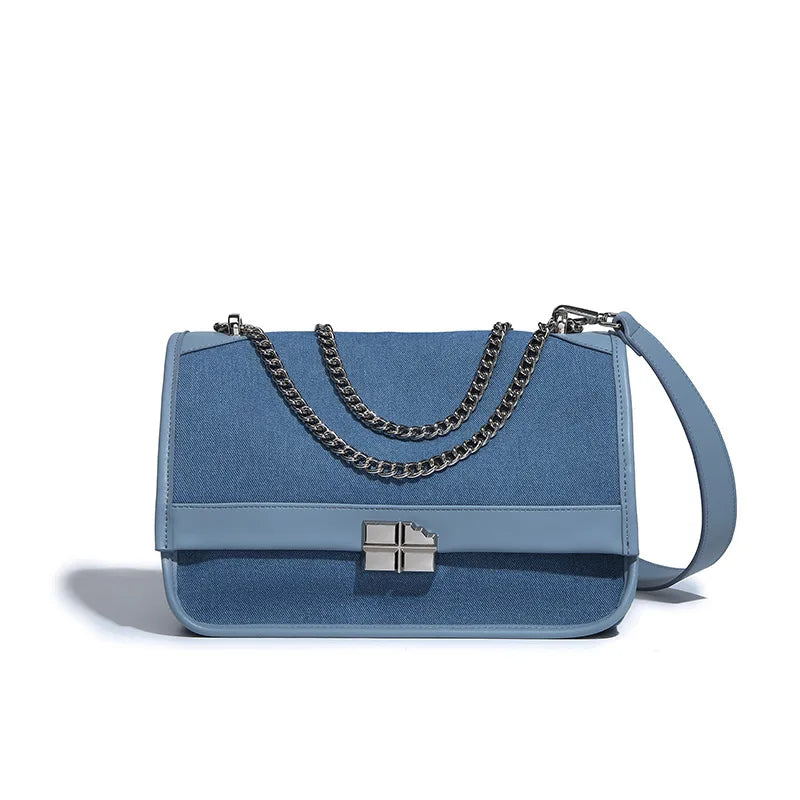 New denim chain tote bag for women's large capacity commuting single shoulder crossbody bag
