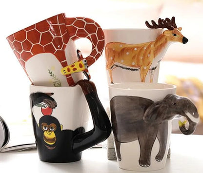 New design Creative Ceramic 3D Mug,coffee milk puer tea mugs 3D animal shape Hand painted animals Giraffe Cow Monkey cup gift
