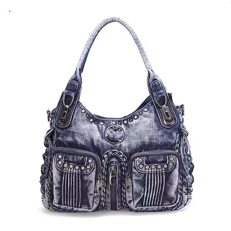 New fashion Retro Denim Women Shoulder Bag Rivet Weave Jeans Handbag Large Capacity Casual Tote Bag Hobo Bag