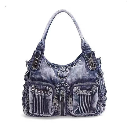 New fashion Retro Denim Women Shoulder Bag Rivet Weave Jeans Handbag Large Capacity Casual Tote Bag Hobo Bag