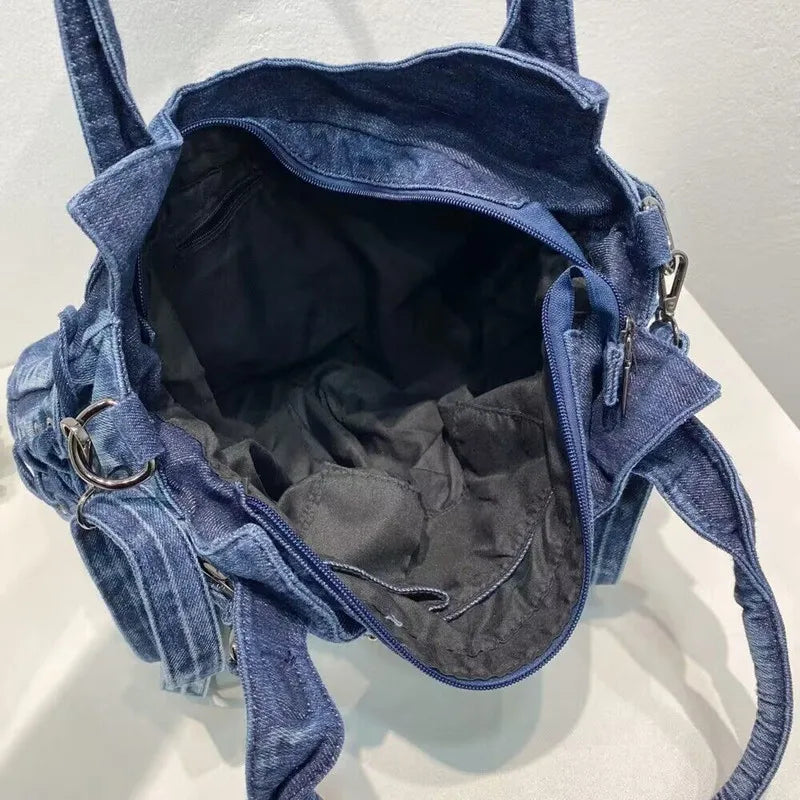 New fashion Retro Denim Women Shoulder Bag Rivet Weave Jeans Handbag Large Capacity Casual Tote Bag Hobo Bag