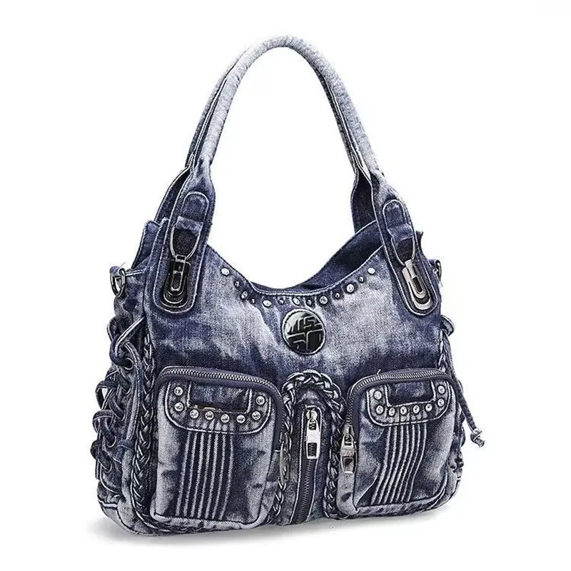 New fashion Retro Denim Women Shoulder Bag Rivet Weave Jeans Handbag Large Capacity Casual Tote Bag Hobo Bag