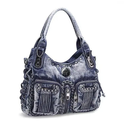 New fashion Retro Denim Women Shoulder Bag Rivet Weave Jeans Handbag Large Capacity Casual Tote Bag Hobo Bag