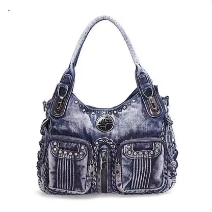 New fashion Retro Denim Women Shoulder Bag Rivet Weave Jeans Handbag Large Capacity Casual Tote Bag Hobo Bag