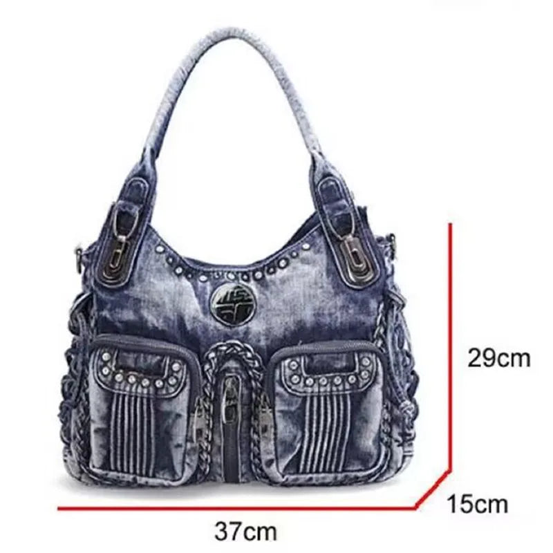 New fashion Retro Denim Women Shoulder Bag Rivet Weave Jeans Handbag Large Capacity Casual Tote Bag Hobo Bag