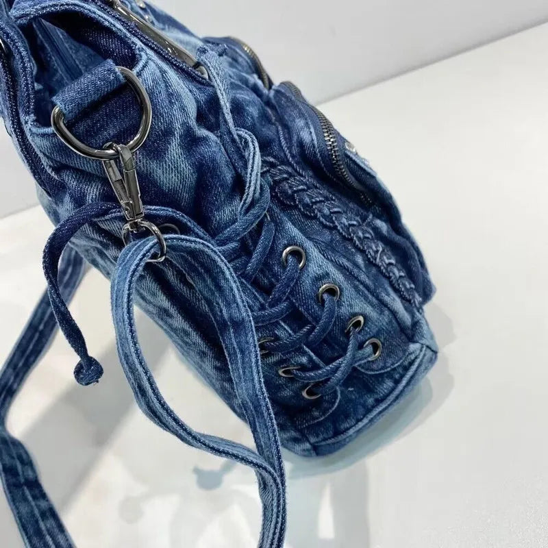 New fashion Retro Denim Women Shoulder Bag Rivet Weave Jeans Handbag Large Capacity Casual Tote Bag Hobo Bag
