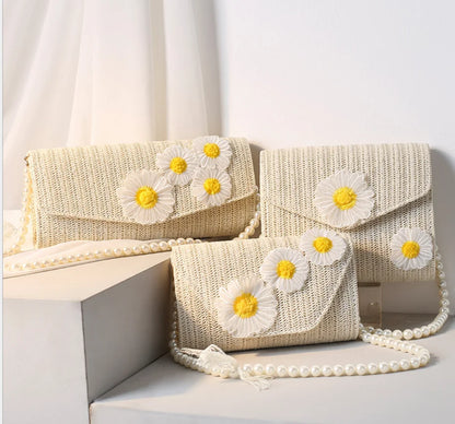 New small daisy straw braided beam set girl one shoulder messenger bag Handbags Women Luxury Evening Bags Crystal Clutch Party