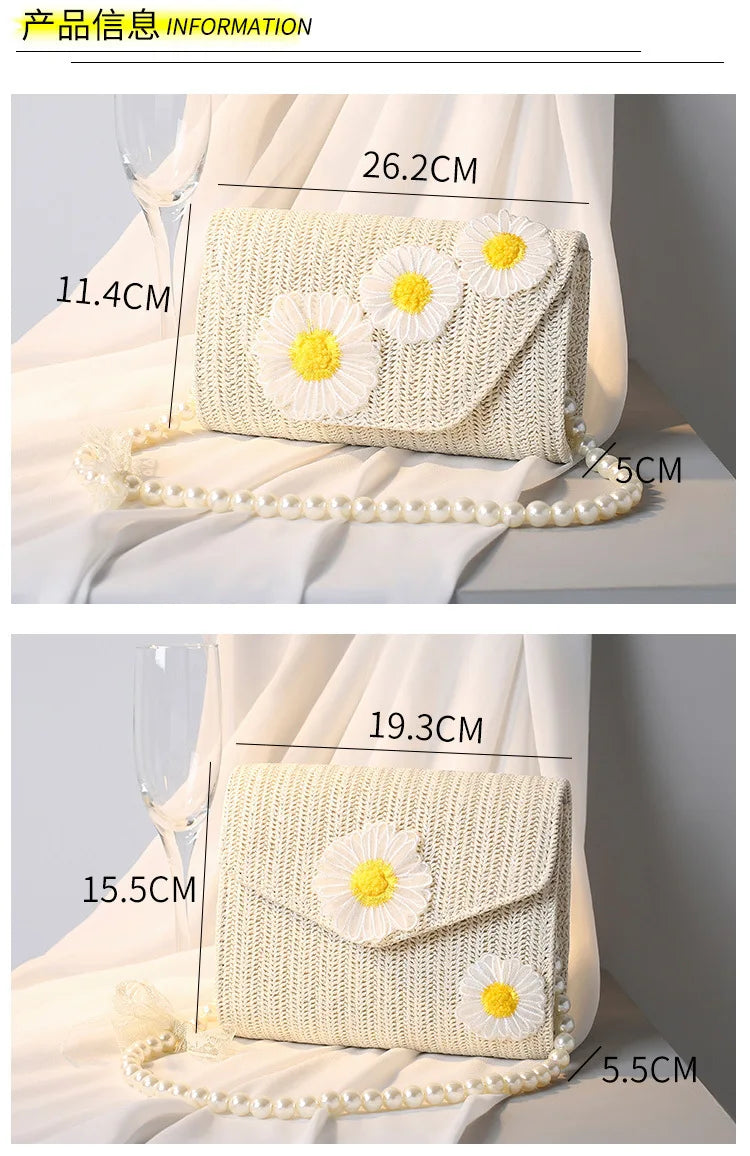 New small daisy straw braided beam set girl one shoulder messenger bag Handbags Women Luxury Evening Bags Crystal Clutch Party
