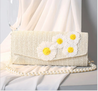 New small daisy straw braided beam set girl one shoulder messenger bag Handbags Women Luxury Evening Bags Crystal Clutch Party