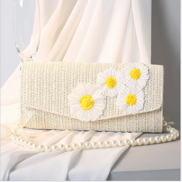 New small daisy straw braided beam set girl one shoulder messenger bag Handbags Women Luxury Evening Bags Crystal Clutch Party